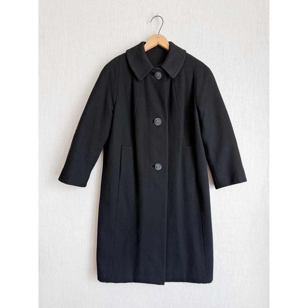 Vintage Thalhimers Black Wool Overcoat Peter Pan Collar Swirl Button Coat Womens